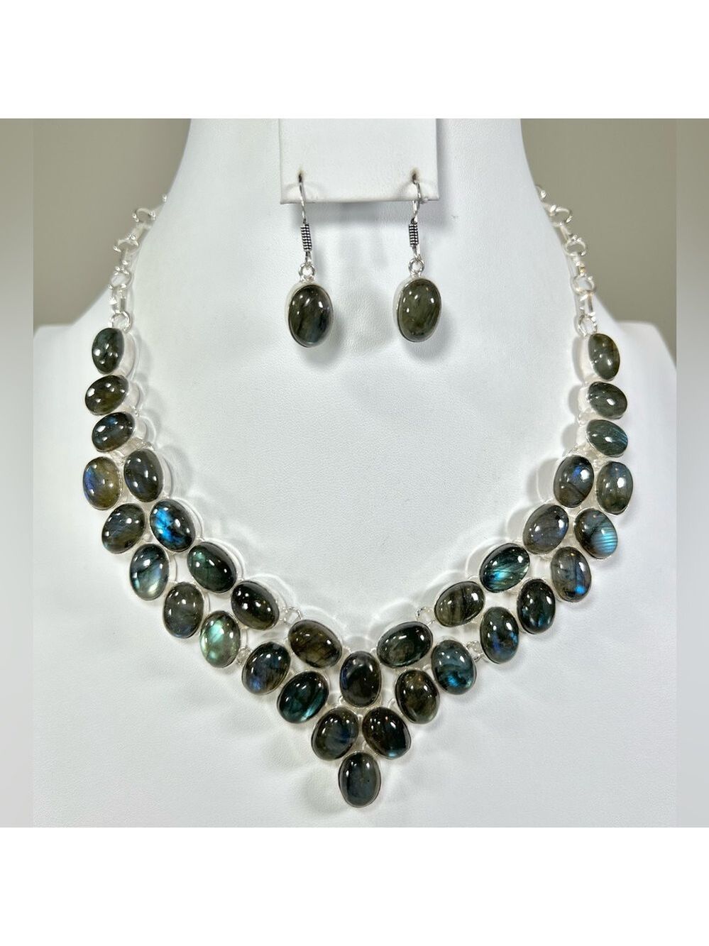 Labradorite 925 Large Gemstone Necklace & Earrings